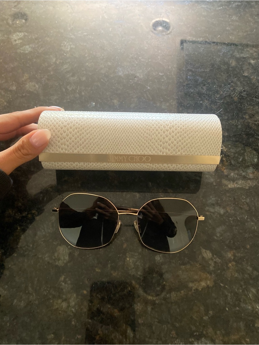 Jimmy Choo Gold Frame Sunglasses with Black Lenses and White Case